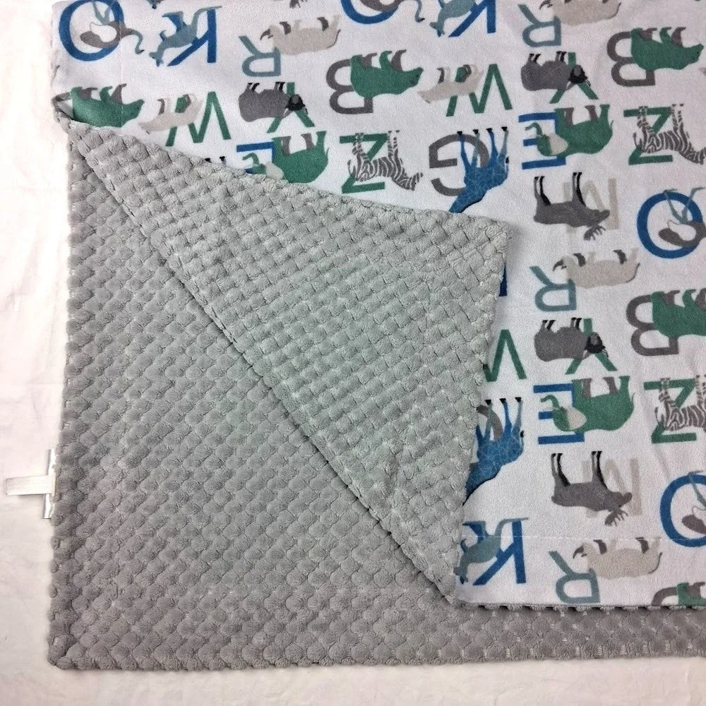 SL Home Fashions Animal Alphabet Baby Blanket White Gray Textured 119741 Letters